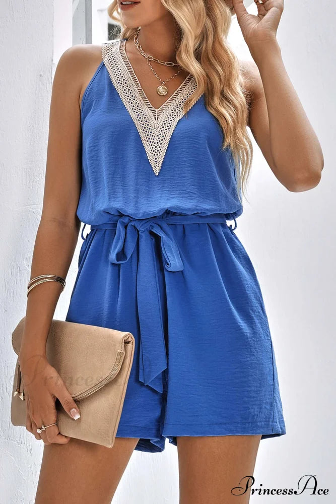 V Neck Tie-Waist Rompers With Lacework Blue / M