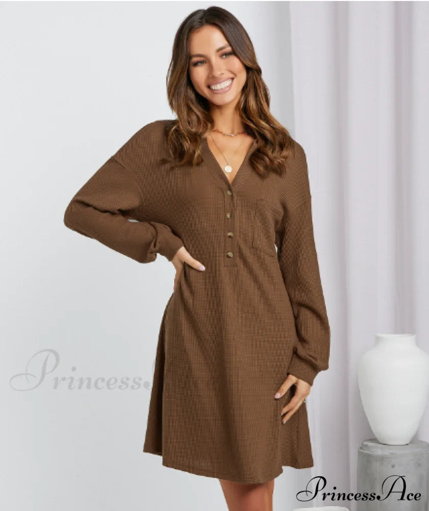 V-Neck Waffle Shirt Skirt Loose Dress L / Khaki