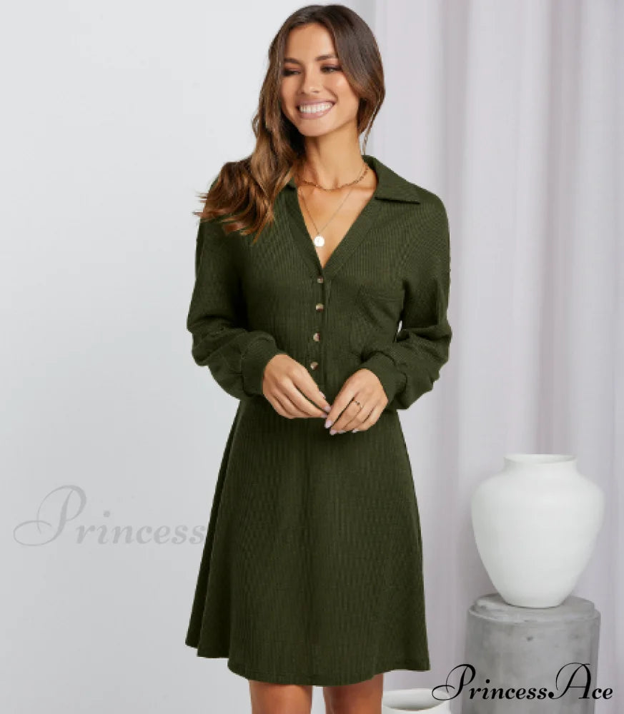 V-Neck Waffle Shirt Skirt Loose Dress M / Khaki
