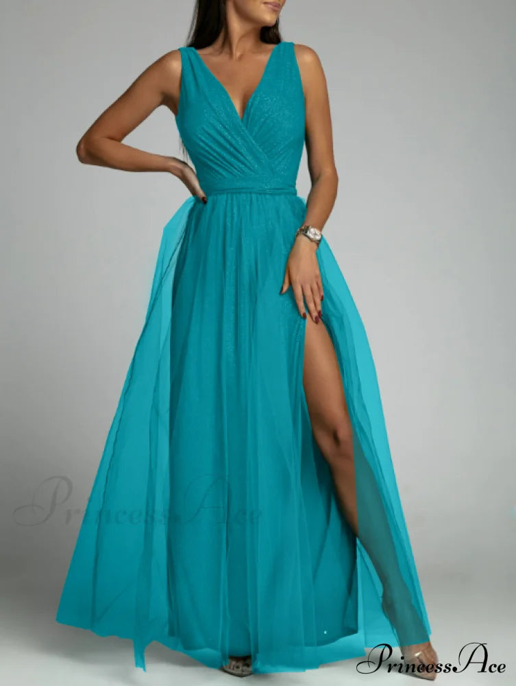 V-Neck Waist Slim Split Big Swing Shiny Dress M / White Dresses