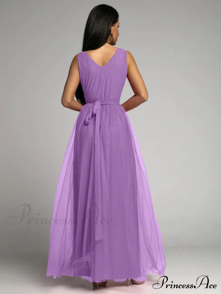 V-Neck Waist Slim Split Big Swing Shiny Dress S / Purple Dresses