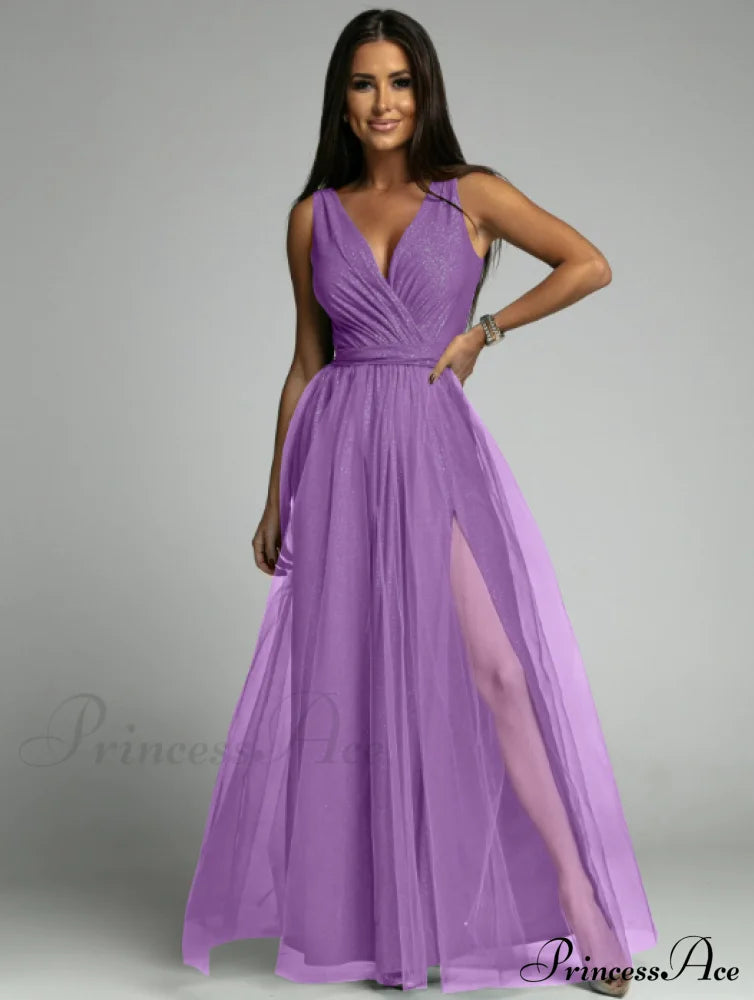V-Neck Waist Slim Split Big Swing Shiny Dress S / White Dresses