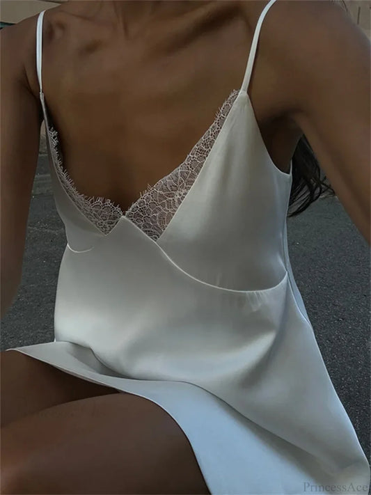 V-Neck White Spaghetti Mini Dress minidress-250223