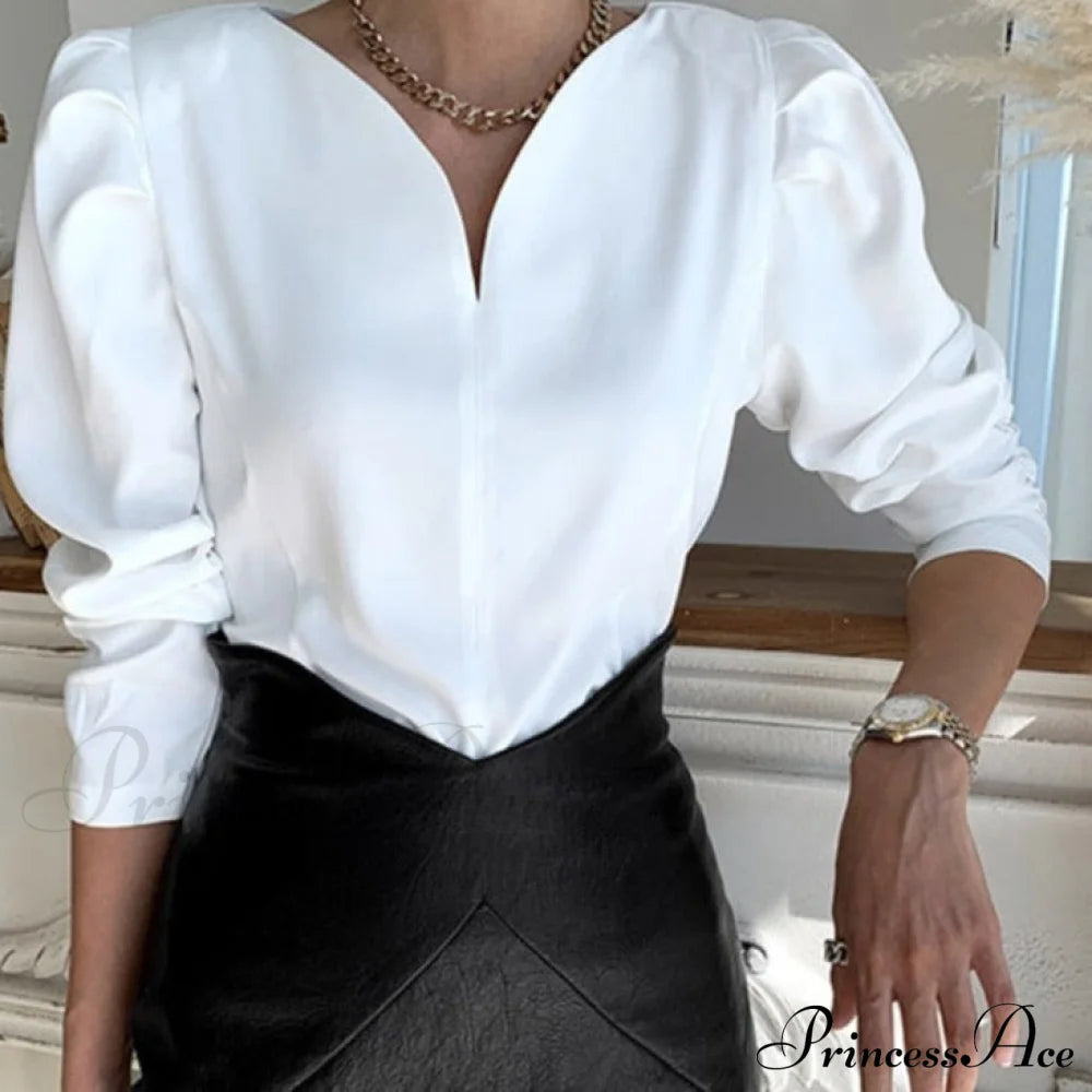 V-Neck Women Blusas Arm Mujer White Blouse Long Tops Puff 12899