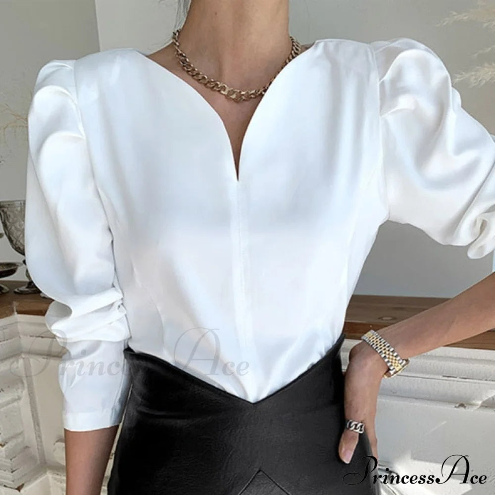 V-Neck Women Blusas Arm Mujer White Blouse Long Tops Puff 12899