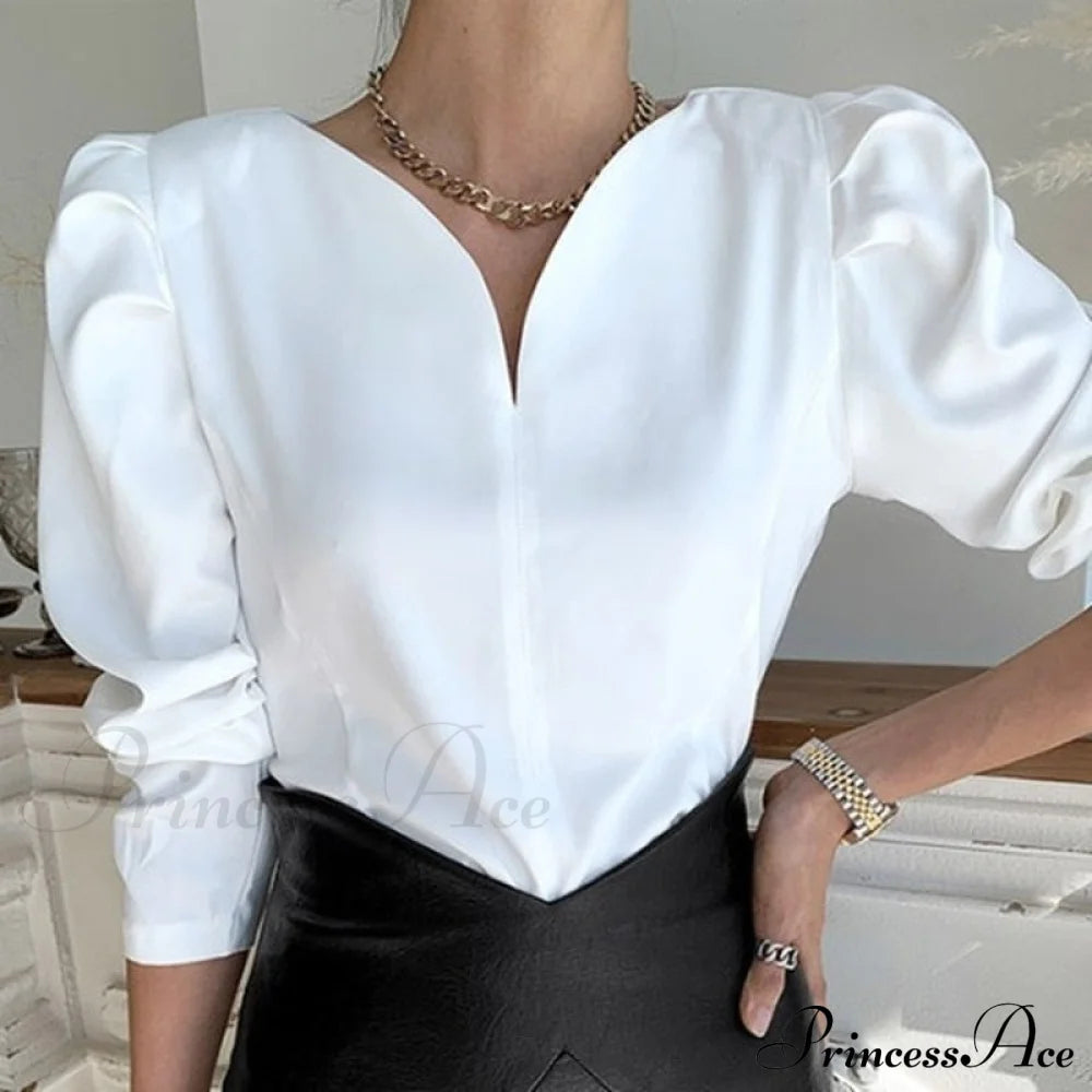 V-Neck Women Blusas Arm Mujer White Blouse Long Tops Puff 12899 White / One Size