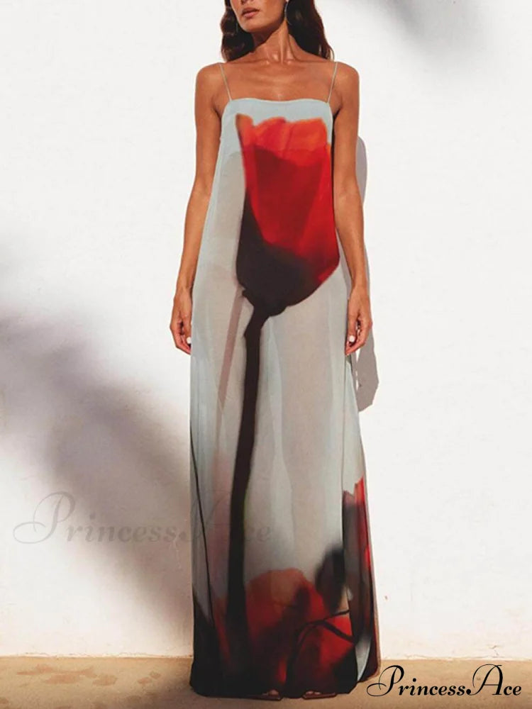 Vacation Abstract Tulip Print Graceful Slip H-Line Maxi Dress Dresses