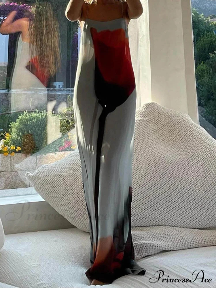 Vacation Abstract Tulip Print Graceful Slip H-Line Maxi Dress Dresses