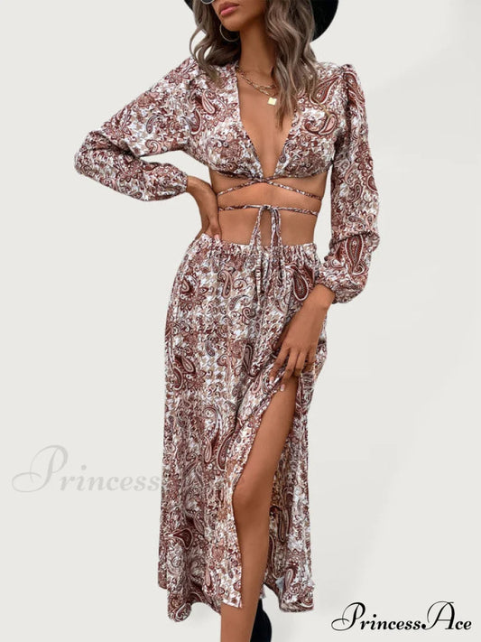 Women's Woven Paisley Vacation Sexy Long Dress Two-Piece Set Coffe clothes crop top sets