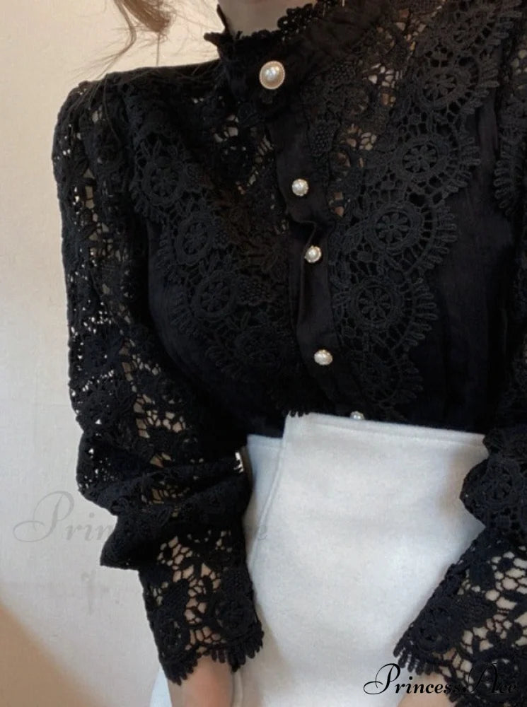 Valerie Blouse With Petal Design S / Black Tops & Blouses