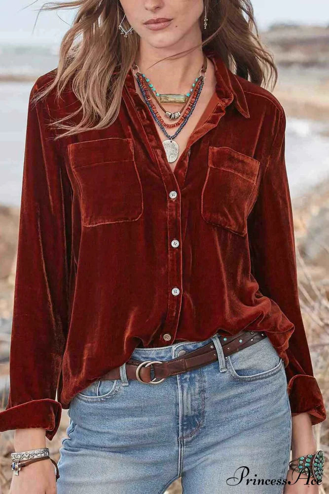 Velvet Button Up Blouse With Lapel Brick Red / S Blouses