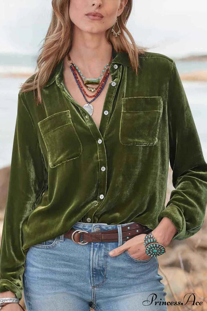 Velvet Button Up Blouse With Lapel Green / S Blouses