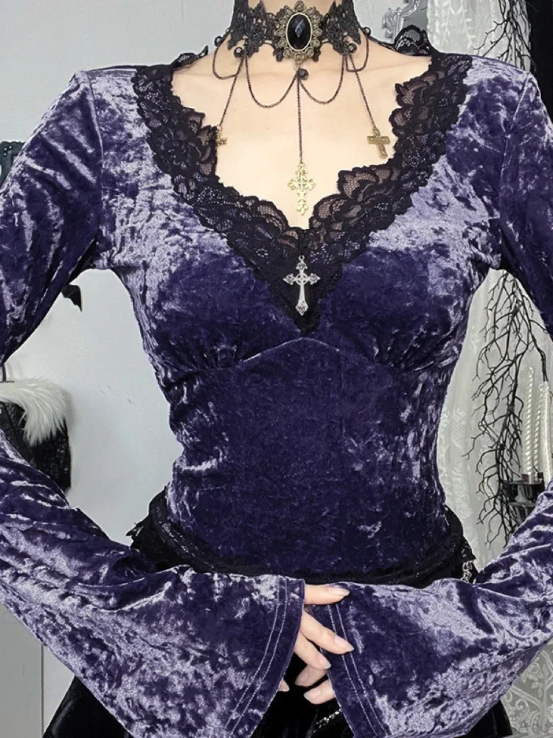 Velvet Lace Patchwork Knit Top