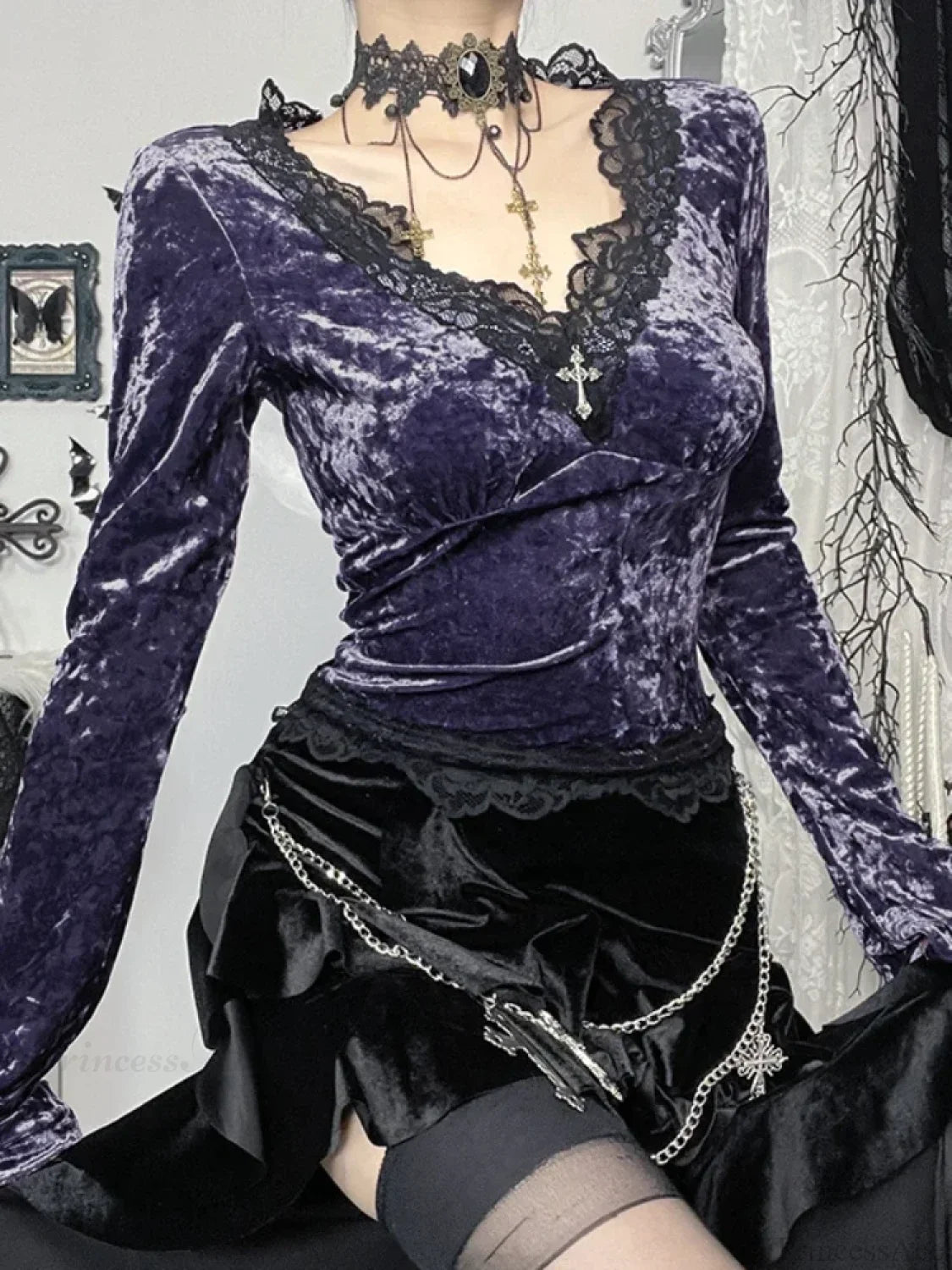 Velvet Lace Patchwork Knit Top Purple / XS