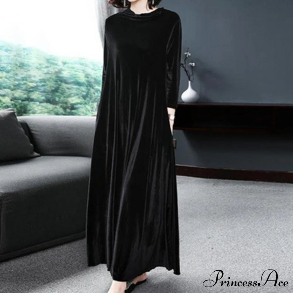 Long sleeve velvet dress Black 3XL 2022 F/W 23BF Casual Dresses Clothes Dresses