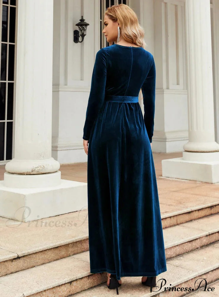 Velvet Long Sleeve Dress - Solid Color S / Black
