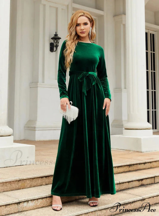 Velvet Long Sleeve Dress - Solid Color S / Green