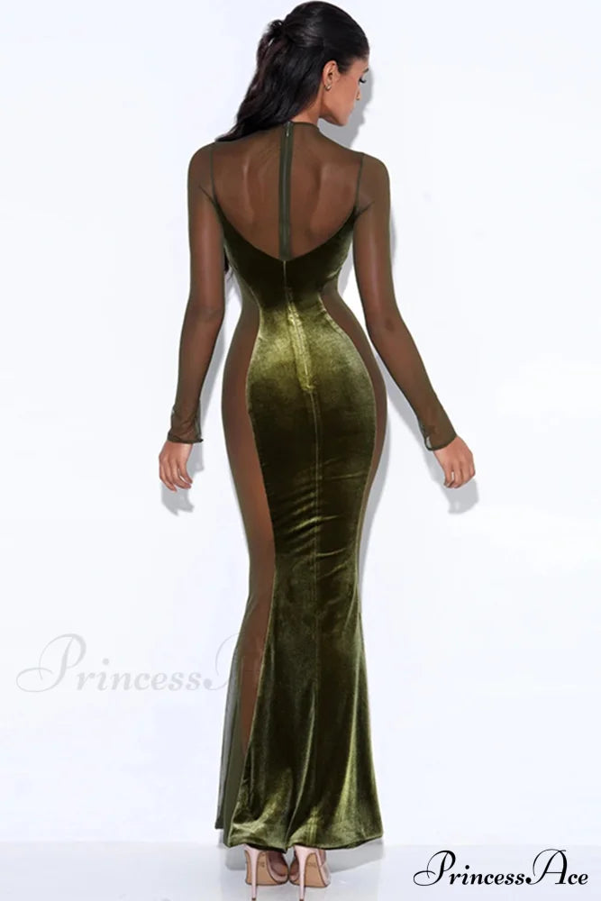 Velvet Mesh Patchwork Maxi Dress Green / L Dresses