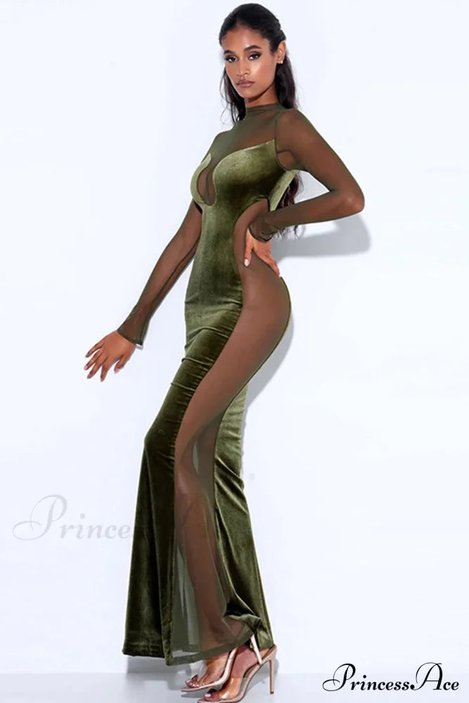 Velvet Mesh Patchwork Maxi Dress Green / M Dresses