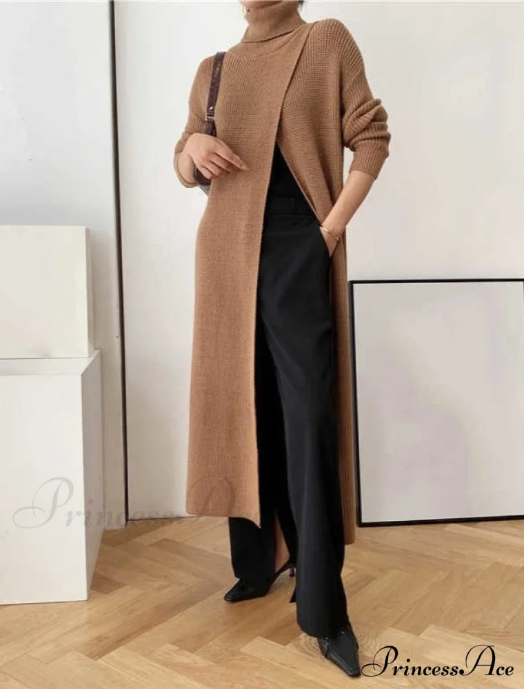 Vera Long Knit Top - Black One Size / Camel Tops & Blouses