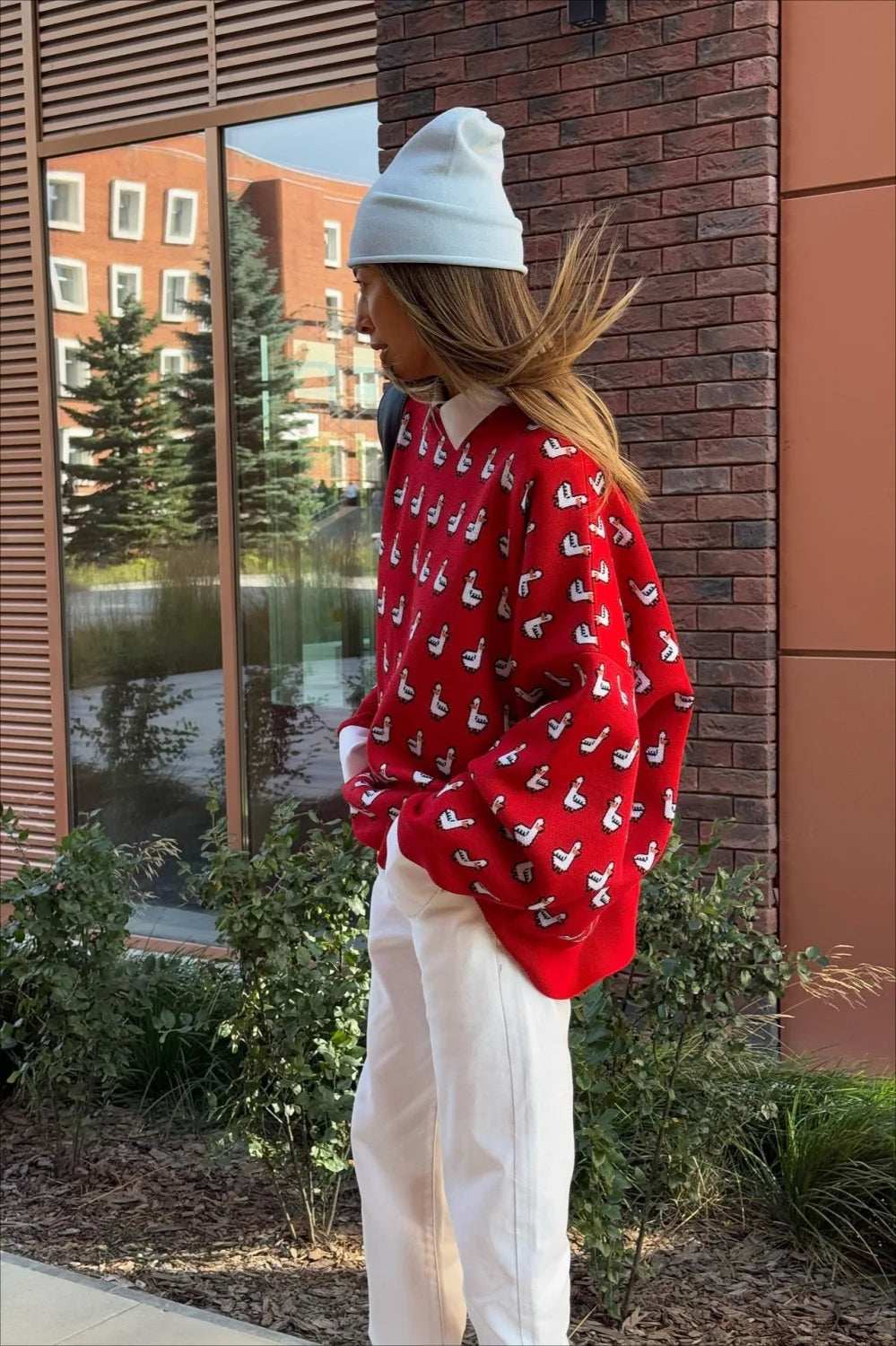 Versatile Color Block Jacquard Red Knitted Blouse