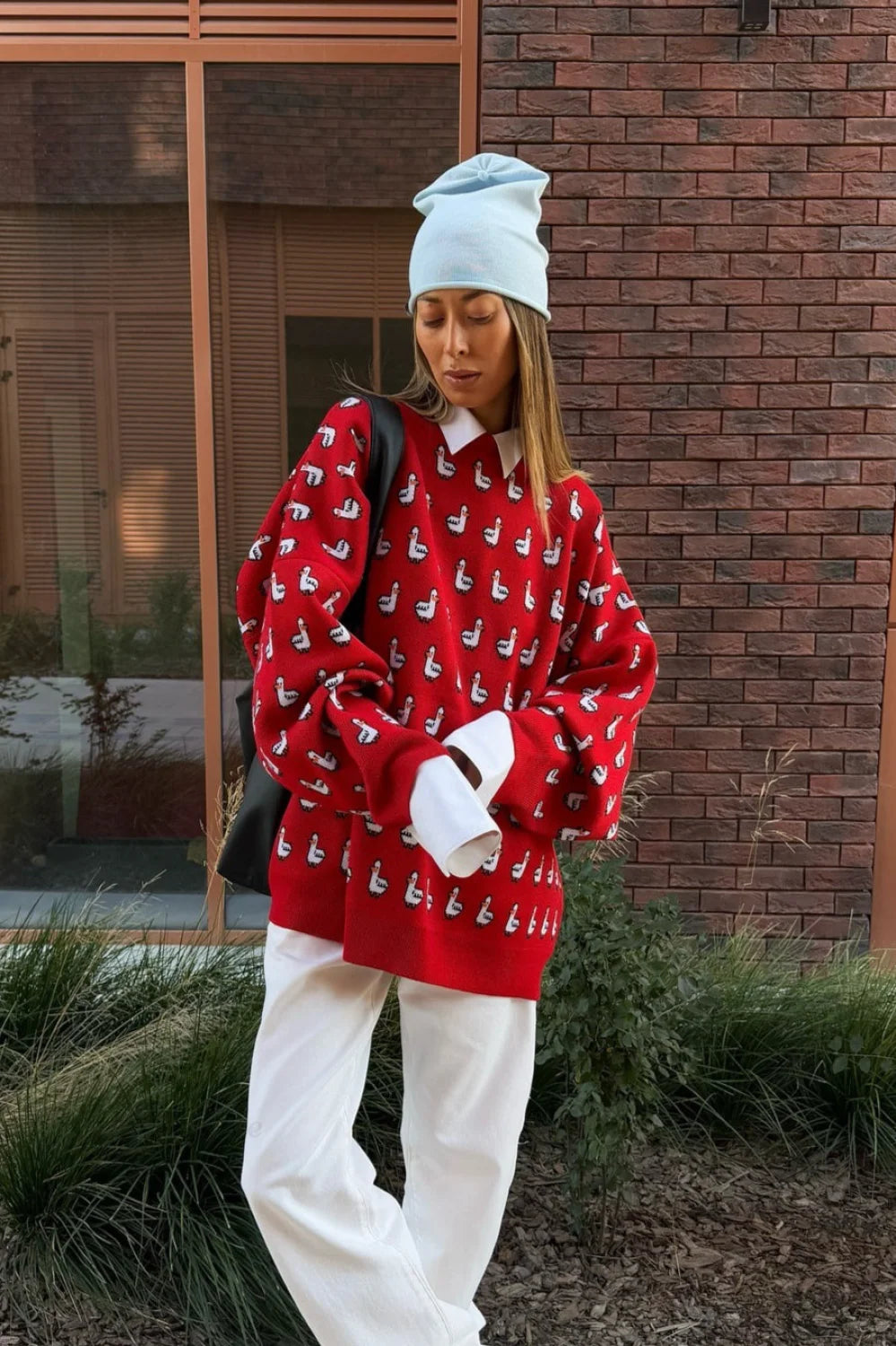 Versatile Color Block Jacquard Red Knitted Blouse