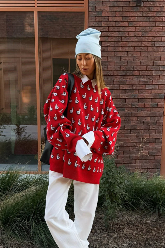 Versatile Color Block Jacquard Red Knitted Blouse