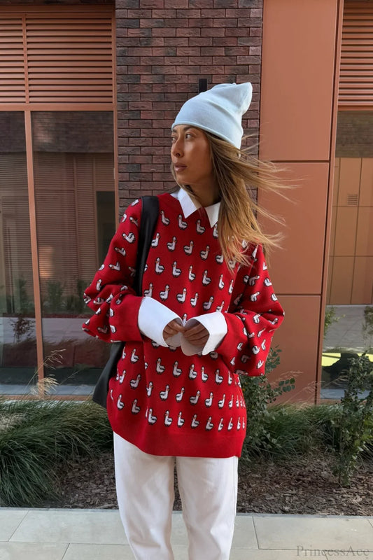 Versatile Color Block Jacquard Red Knitted Blouse Red / S