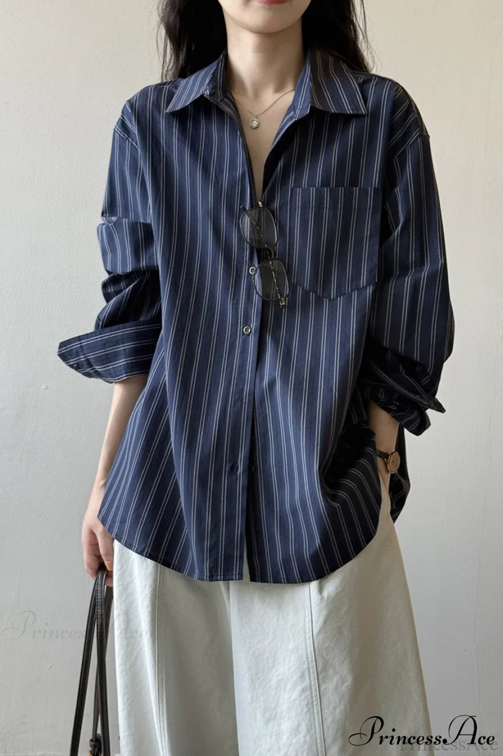 Vertical Stripe Long-Sleeve Cotton Loose Blouse Blue / M