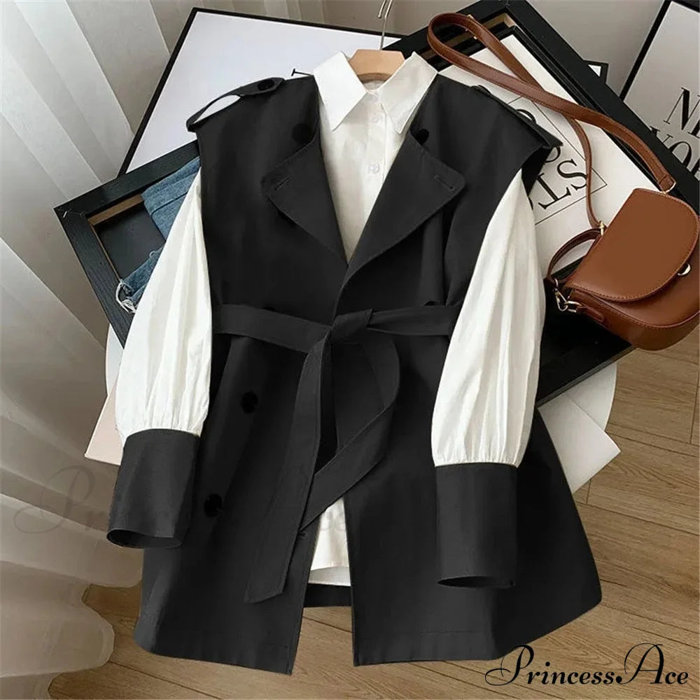 Vest White Blouse + Coat Tie Women’s Trench Waist Suit Black 2Pcs Set / L