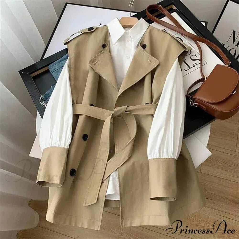 Vest White Blouse + Coat Tie Women’s Trench Waist Suit Khaki 2Pcs Set / M