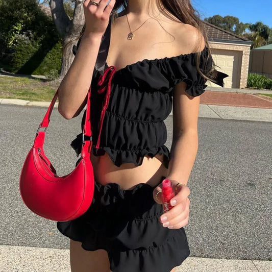 Vintage 2 Piece Set Cute Bow V Neck Ruched Crop Tops + Mini Pencil Fairycore Cottage T-shirt Y2K Kawaii Sweet Outfits