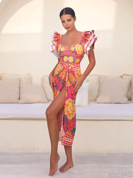 Vintage Bamboo Print Sarong Two Piece Set red Swimsuit and Sarong / S