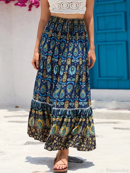 Vintage Beach Bohemian Floral Print Elastic Waist A-Line Skirt Blue / S skirt-250126