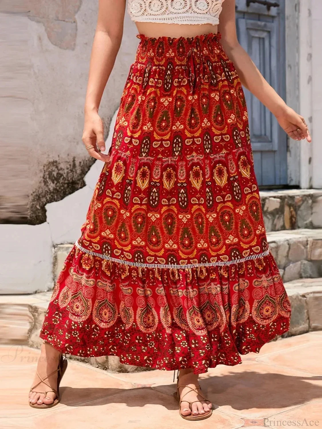 Vintage Beach Bohemian Floral Print Elastic Waist A-Line Skirt Red / S skirt-250126