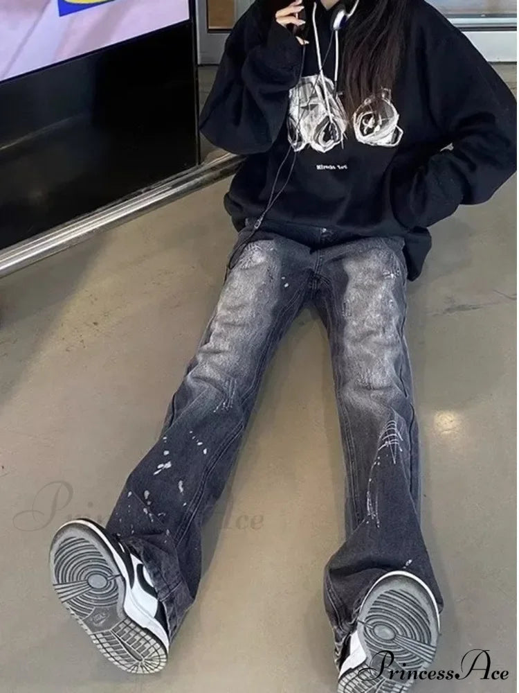 Vintage Black Print Speckled Ink Wide Leg Loose Straight Floor Sweeping Jean