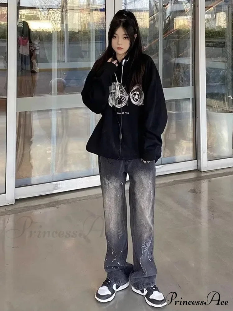 Vintage Black Print Speckled Ink Wide Leg Loose Straight Floor Sweeping Jean