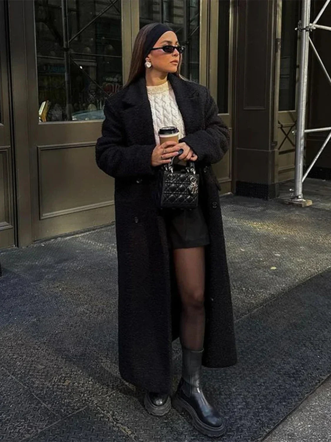 Vintage Black Woolen Double-Breasted Overcoat