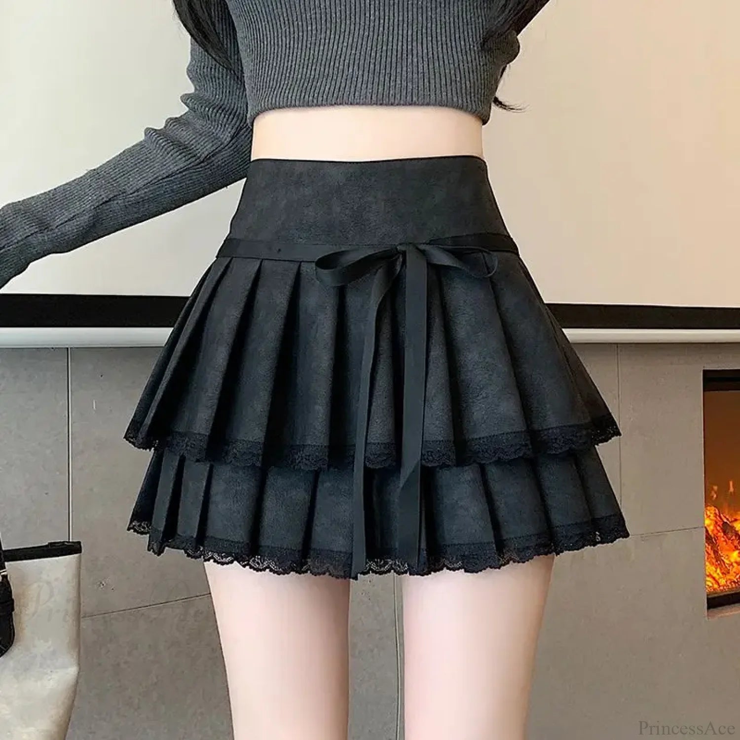 Vintage Bow Pleated PU Skirt skirts-250223
