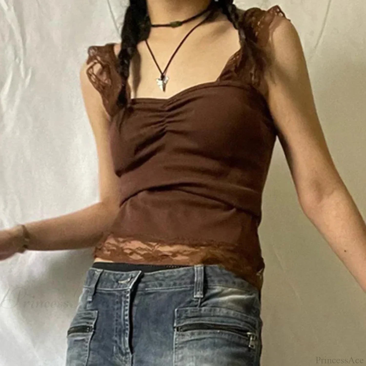 Vintage Brown Lace Patchwork Open Back Slim Fit Fairy Grunge Y2K Camis Crop Top croptop-250126