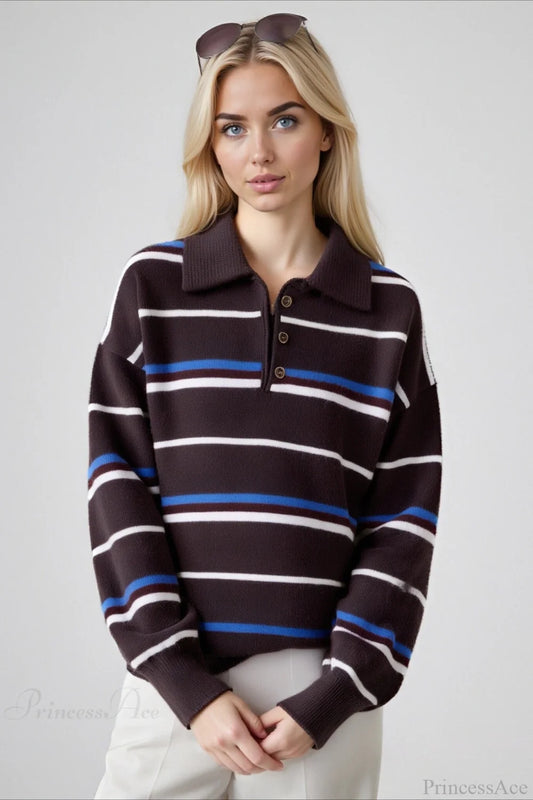 Vintage Colorblock Stripe Collar Patchwork Loose Knit Sweater Brown / One Size