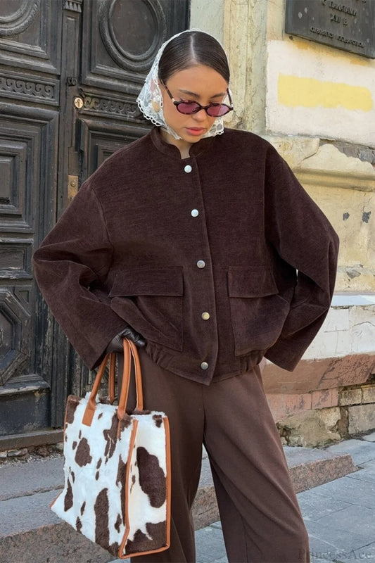 Vintage Corduroy Stand Collar Loose Buttoned Jacket Coffee / S