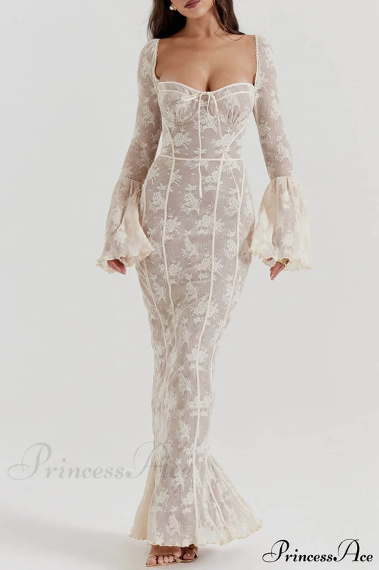 Vintage Cream Stylish Lace Maxi Dress White / S Dresses