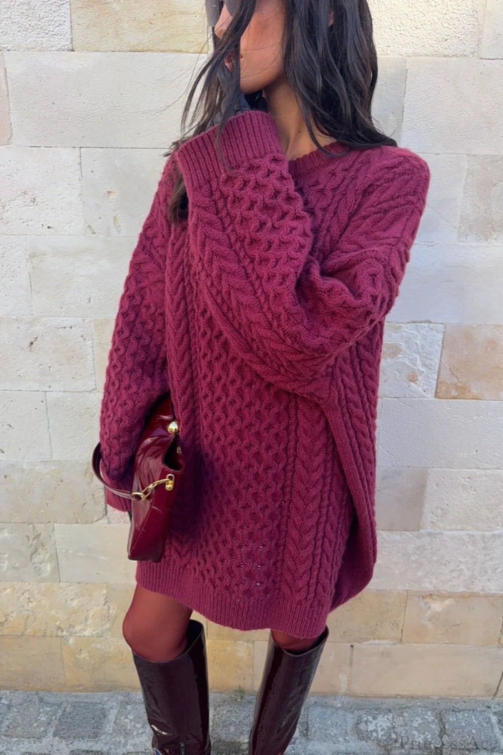 Vintage Crewneck Cable Knit Loose Sweater Fuchsia / S
