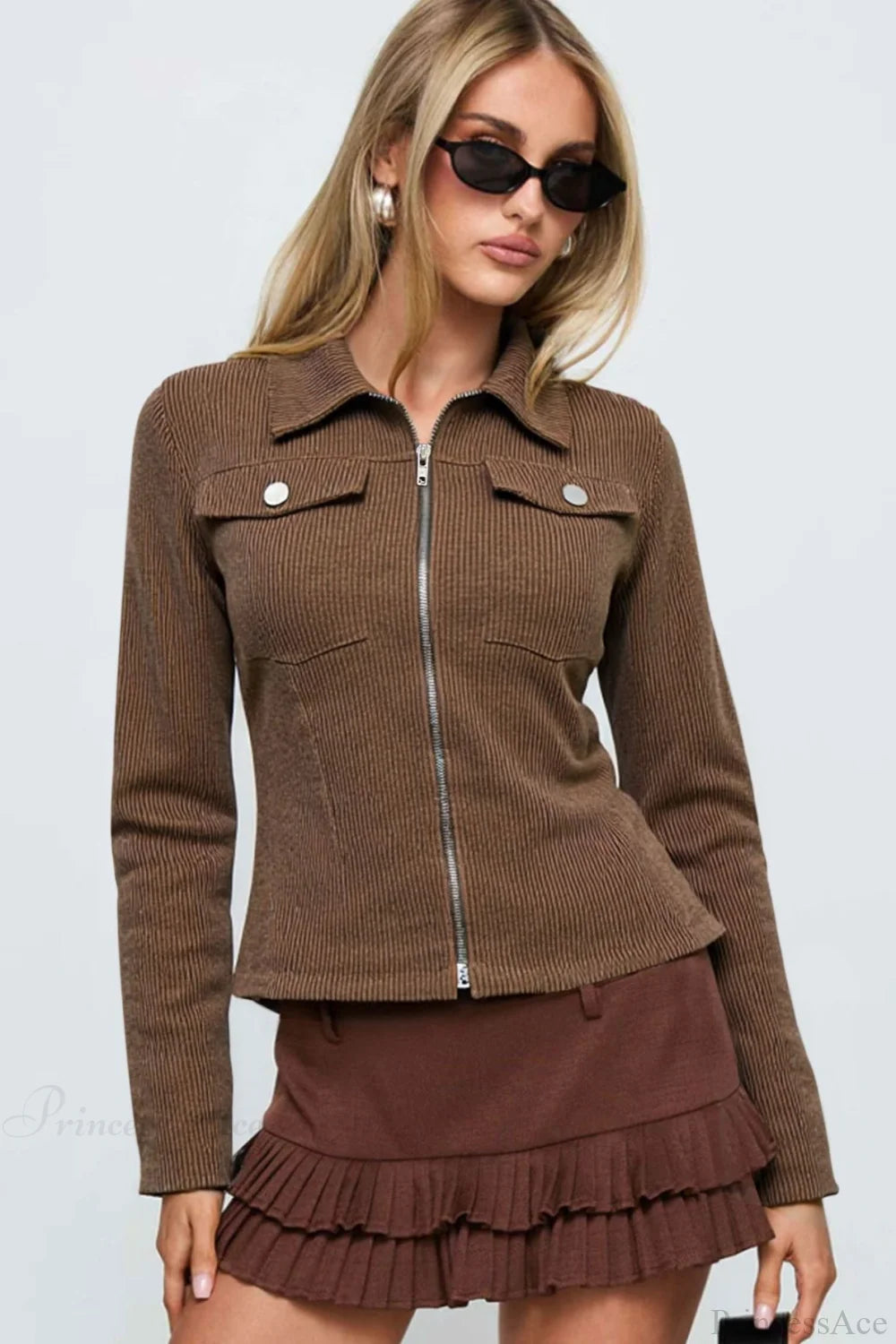 Vintage Dark Brown Street Slim-Fit Y2K Utility Jacket