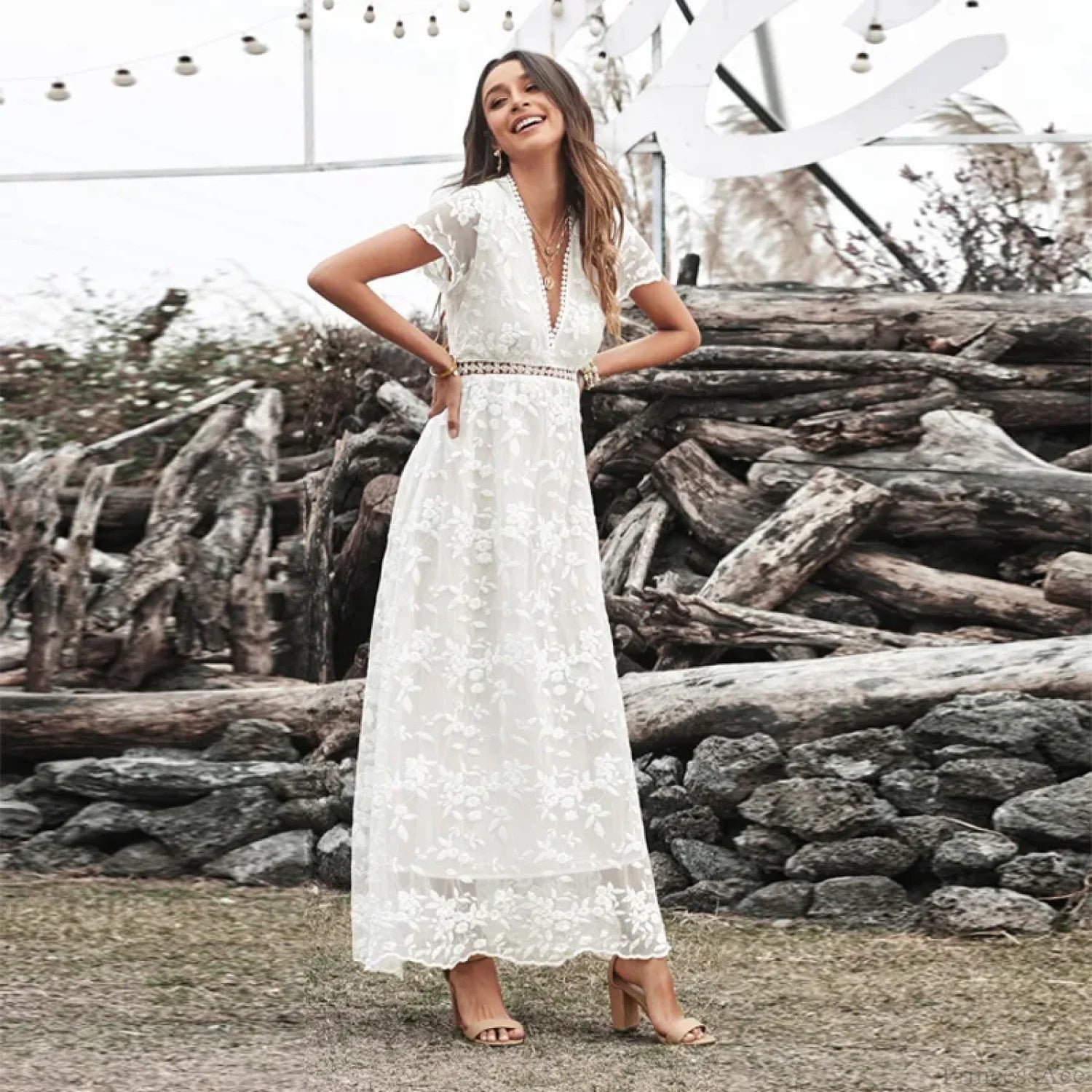 Vintage Deep V Short Sleeve Dress bohodress-250126