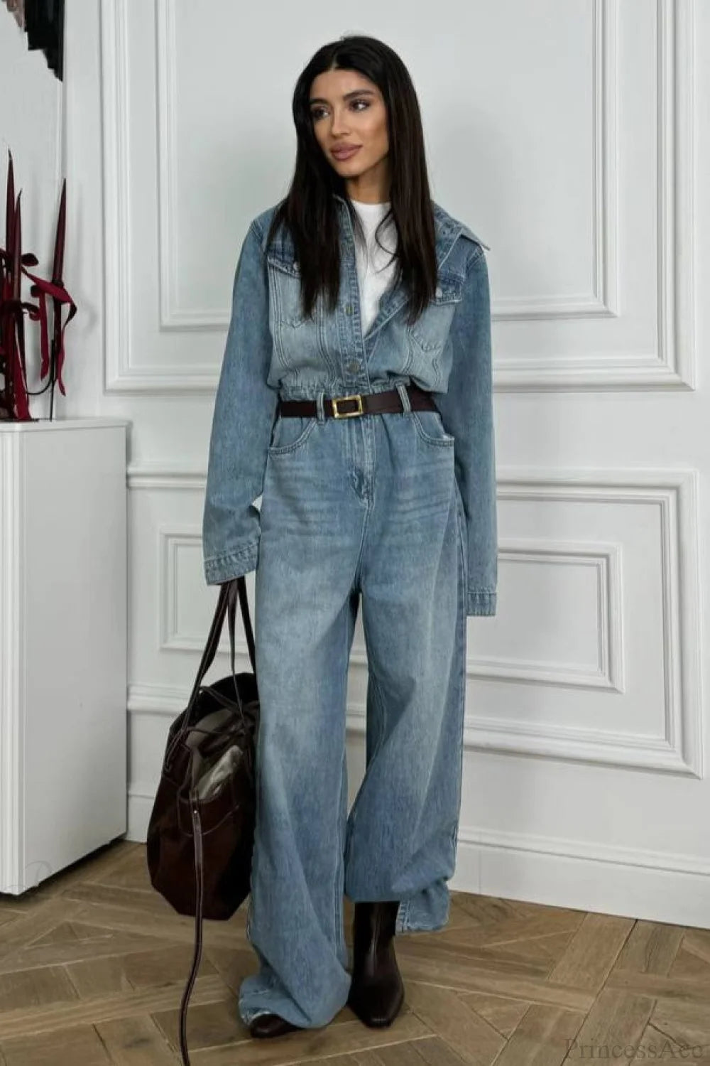 Vintage Vintage Denim Loose Long Pants Jumpsuit-style Two Piece Set Blue / S
