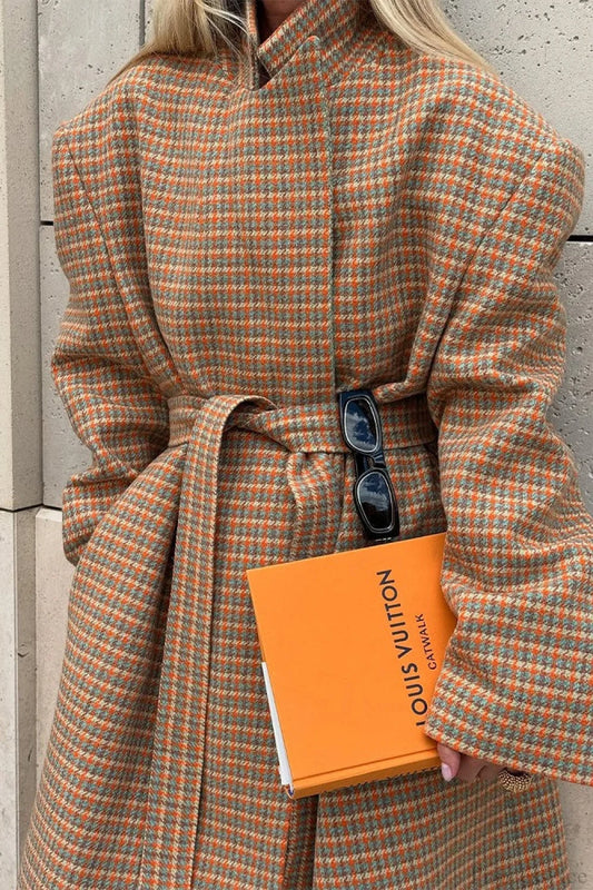 Vintage Elegant Warm Houndstooth Wool Blend Tie-Waist Overcoat