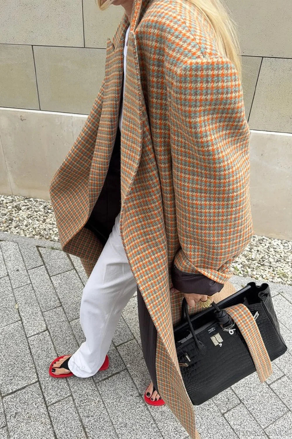 Vintage Elegant Warm Houndstooth Wool Blend Tie-Waist Overcoat