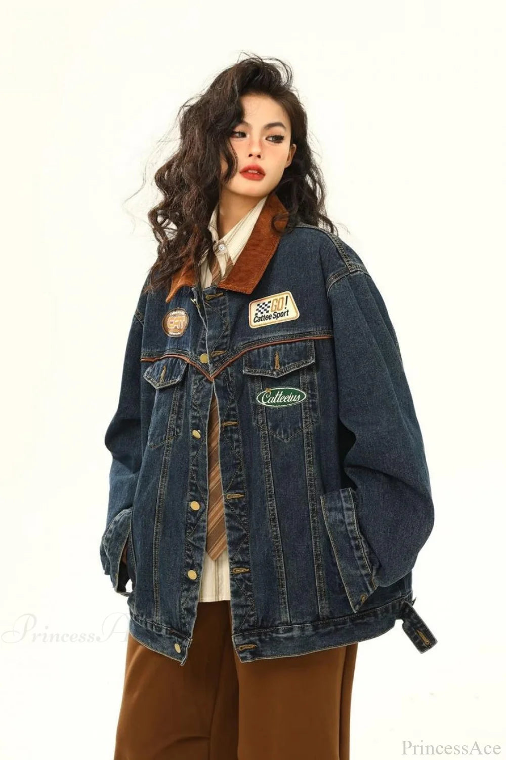 Vintage Embroidered Denim Loose Lapel Utility Jacket Blue / S
